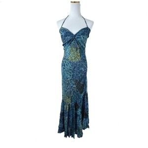 Turquoise Maxi Dress Colorful Peacock Halter Maxi Dress Size XS